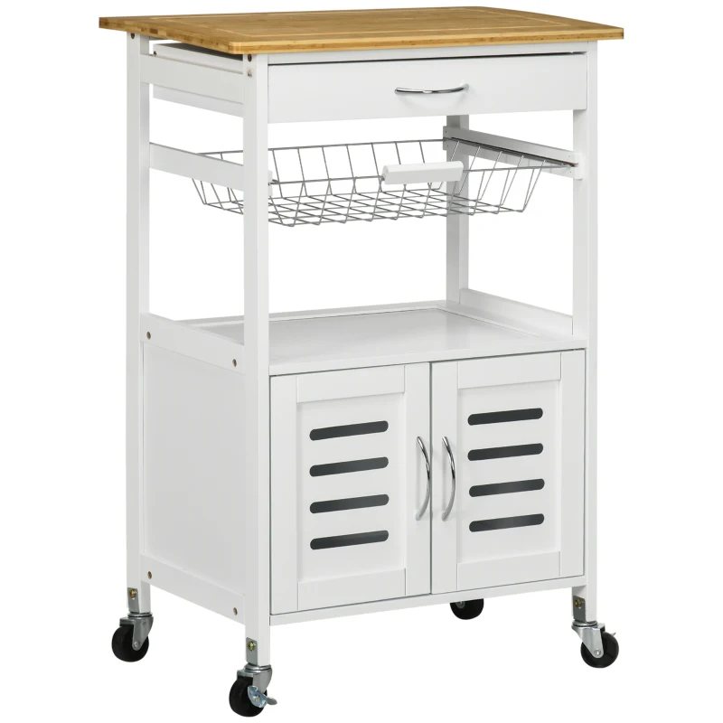 HOMCOM Chariot de service desserte de cuisine à roulettes meuble de rangement avec plateau en bambou panier en métal et armoire avec 2 portes persiennes dim. 58L x 37l x 83H cm - blanc