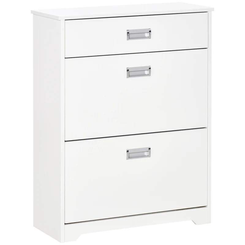 HOMCOM Meuble à chaussures avec 2 tiroirs rabattables étagère réglable + 1 tiroir  jusqu'à 16 paires 70L x 29l x 92H Blanc