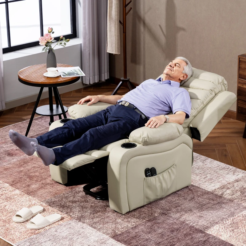 HOMCOM Elektrische Relaxstoel met Opsta-hulp, Massage, Verwarming, USB-aansluiting, PU-leer, Crème