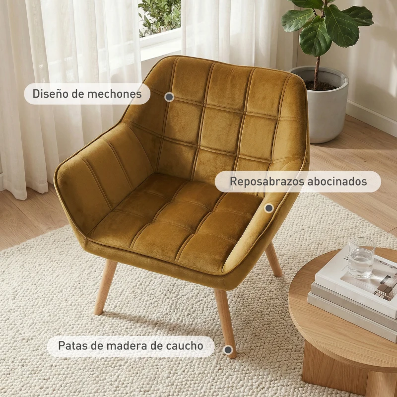 HOMCOM Butaca de Salón Moderna Tapizado en Terciopelo con Patas de Madera para Sala de Estar Amarillo