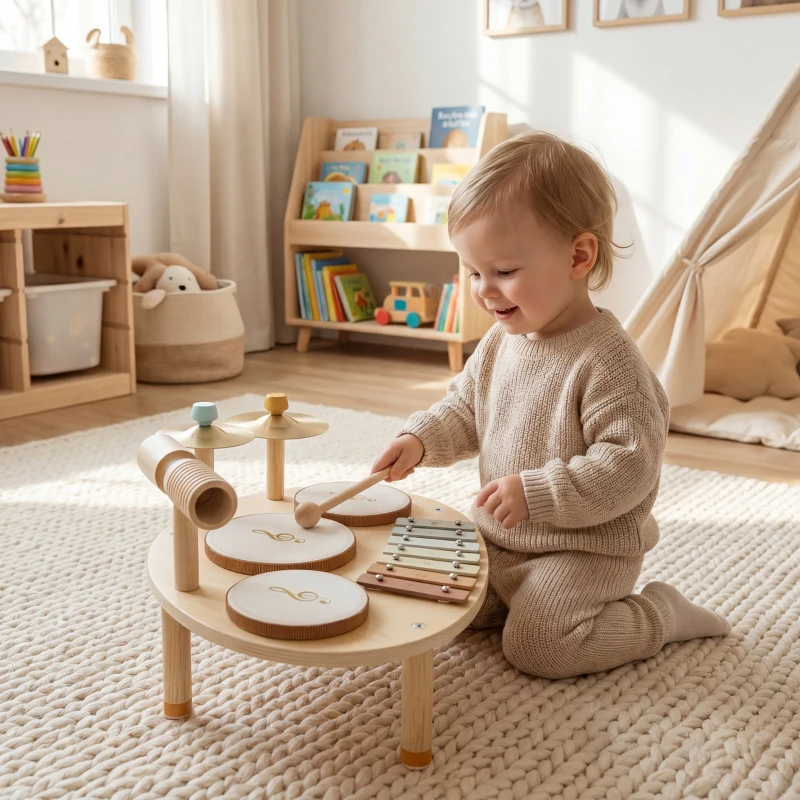 AIYAPLAY Kinder Schlagzeug 4-in-1 Montessori Musikinstrumente Set mit Trommeln Xylophon Schlagwerk für Kinder ab 2 Jahre
