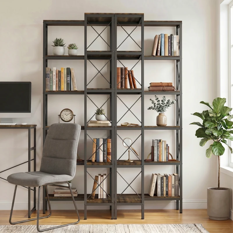 HOMCOM 5-Tier L-Shaped Bookshelf, Freestanding Corner Bookcase with Metal Frame, Rustic Brown