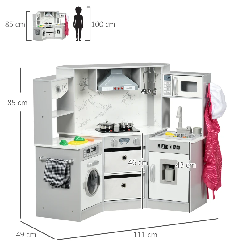 AIYAPLAY Cuisine enfant en bois avec 17 accessoires légumes en plastique boutons et lumières toque 3-6 ans gris blanc