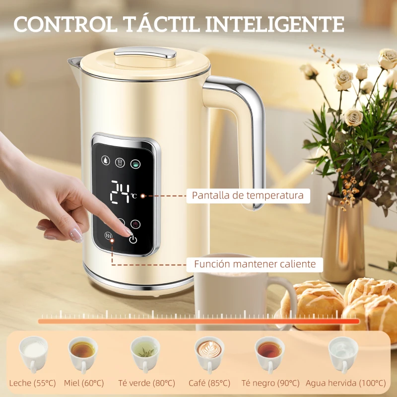 HOMCOM Set Desayuno con Pantalla LED Táctil Hervidor de Agua 1,7L 2200W Tostadora Pan Ranura Ancha 2 Rebanadas Crema