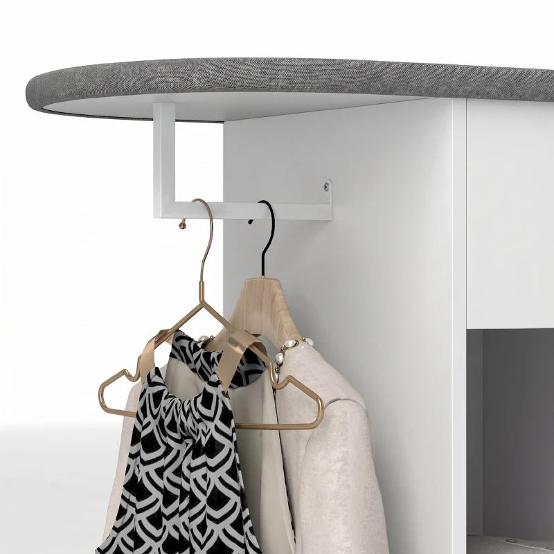 HOMCOM Dulap cu masă de călcat cu roți, suport pentru fier de călcat, bară pentru haine, sertar și rafturi, 125 x 43,5 x 112 cm, alb