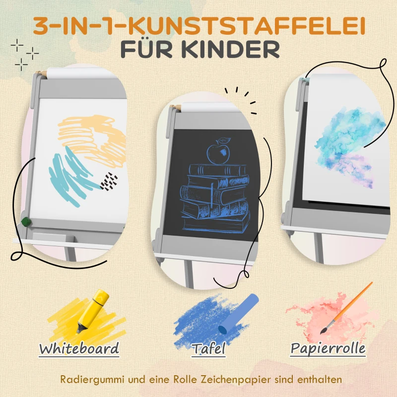 AIYAPLAY Dubbelzijdige Kinder Tekenezel met Papierrol, Krijtbord, Whiteboard, 3-in-1 Ontwerp, voor Tekenen en Schilderen