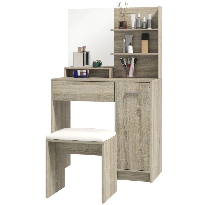 HOMCOM Tocador de Maquillaje con Taburete Espejo Estantes Abiertos Cajón y Estante Ajustable Anti-vuelco Natural y Beige