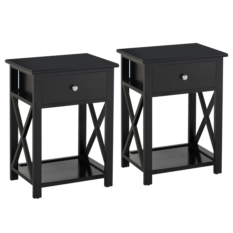 HOMCOM Lot de 2 table de chevet table d'appoint bout de canapé table de nuit avec un tiroir et étagère en bois noire