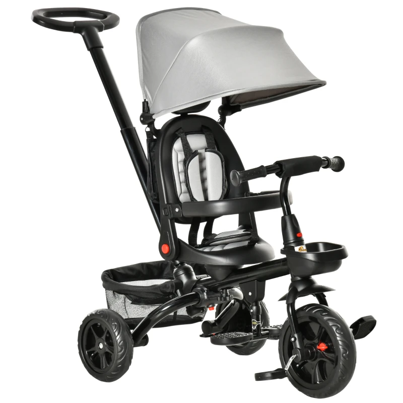 HOMCOM Dreirad mit Schubstange drehbarer Sitz 4-in-1 Kinderdreirad Kinder Fahrrad klappbar abnehmbar Kinderauto Metall EVA Grau 111,5 x 52 x 98 cm