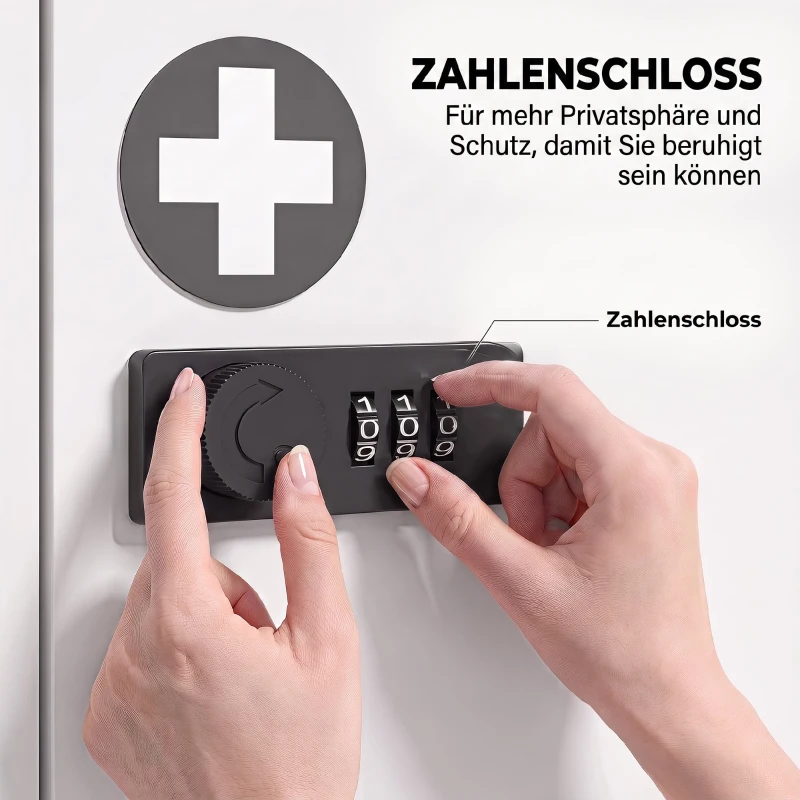 HOMCOM Medizinschrank zur Wandmontage mit Zahlenschloss, 2-stufiger Erste-Hilfe-Schrank aus Edelstahl, Weiß