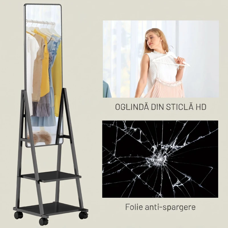 HOMCOM Oglindă Verticală de Podea cu 2 Rafturi și 4 Roți, din Oțel și Lemn, 42x37x155 cm, Negru