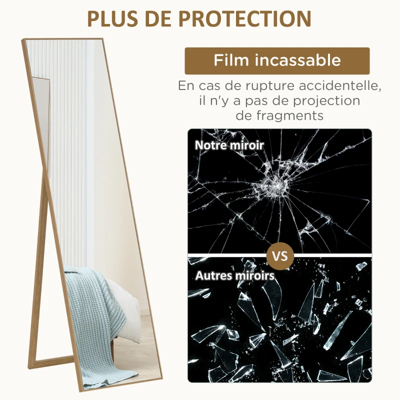 HOMCOM Miroir rectangulaire sur pied miroir de sol pour vestiaire salon salle de bain couloir 40 x 35 x 147 cm naturel