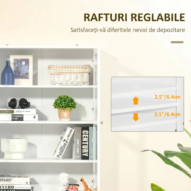 HOMCOM Mobilier de Bibliotecă cu 2 Dulapuri, Rafturi Regulabile și Uși din Sticlă, 76x40x178.5 cm, Alb