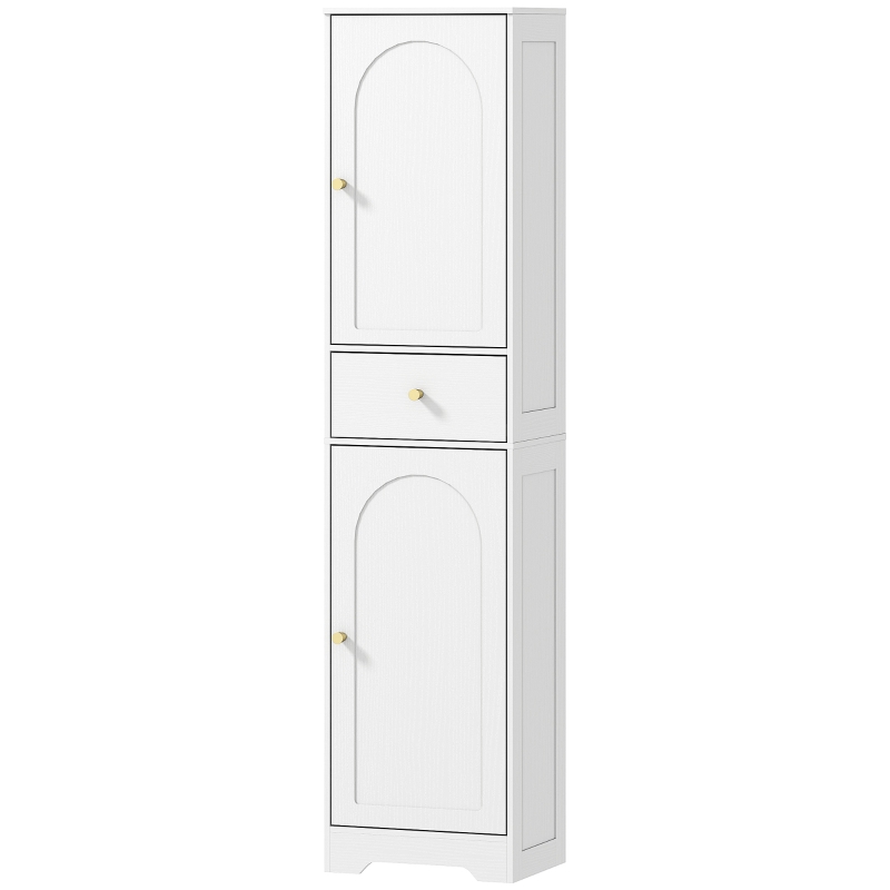 HOMCOM Coluna Casa de Banho com 2 Portas Arqueadas Gaveta e Prateleiras Ajustáveis Armário Alto Casa de Banho 40x29,5x170 cm Branco com Veios