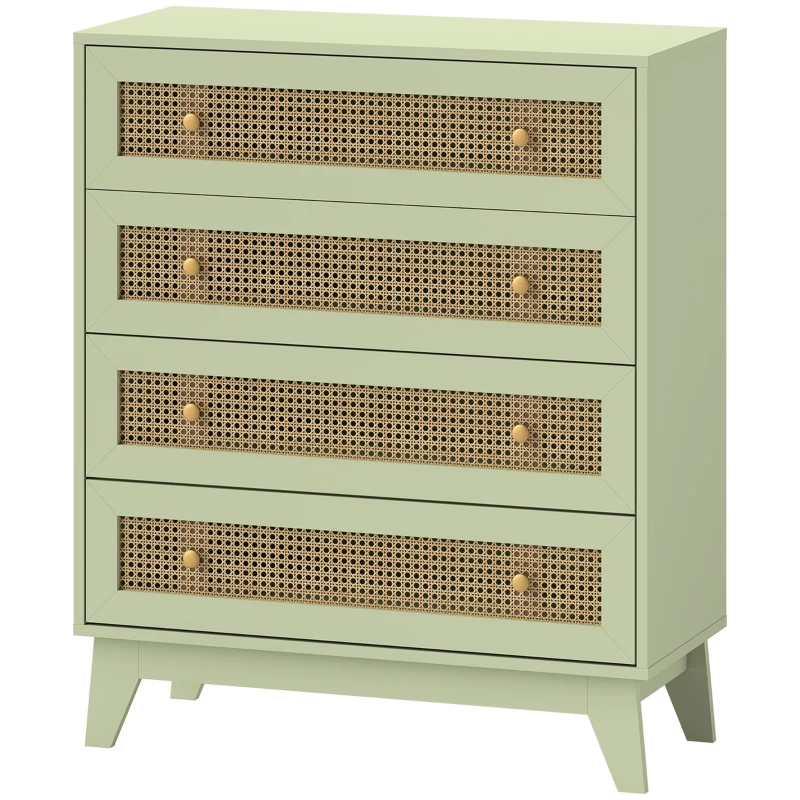 HOMCOM Rattan Chest of Drawers, 4 Drawer Storage Unit with Tapered Legs, Bedroom Storage Organiser Dresser for Bedside, Entryway, Hallway, Living Room, Light Green