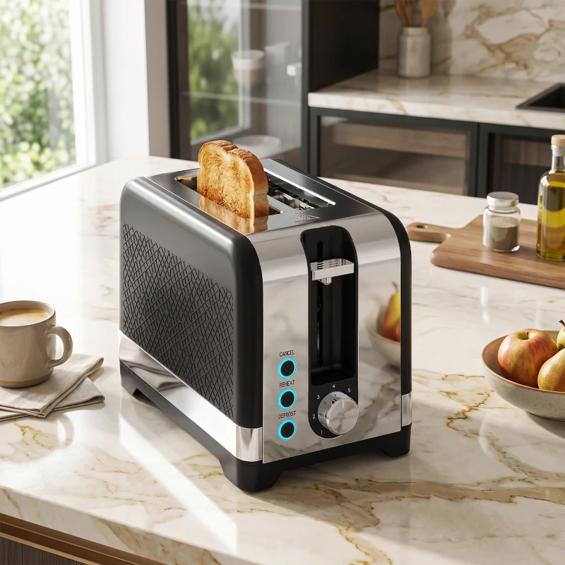 HOMCOM 2-Scheiben-Toaster mit 7 Bräunungsstufen, Aufwärm-/Auftau-/Abbruchfunktionen, Wärmerost, 930 W