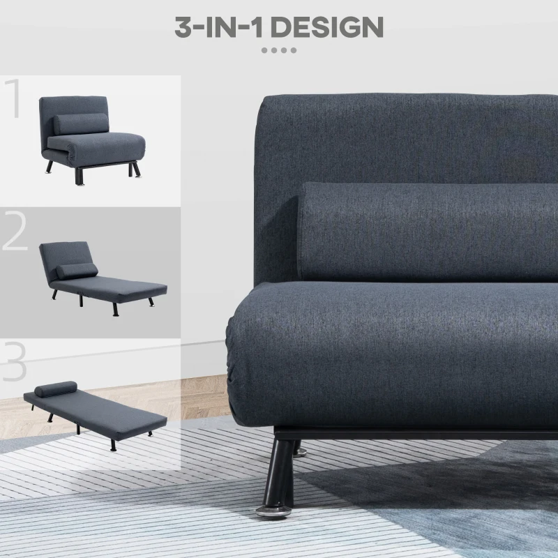 HOMCOM Single Sofa Chair Bed, Linen Fabric 3-in-1 Convertible Sleeper Chair with 5-Position Adjustable Backrest, 75cm Wide Seat, Pillow for Living Room, Bedroom, Black