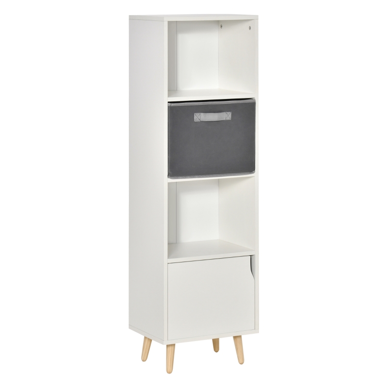 HOMCOM Bookcase with Door and Fabric Drawer, 3 Tier Bookshelf Display Cabinet with Wooden Legs for Living Room Bedroom Study, White