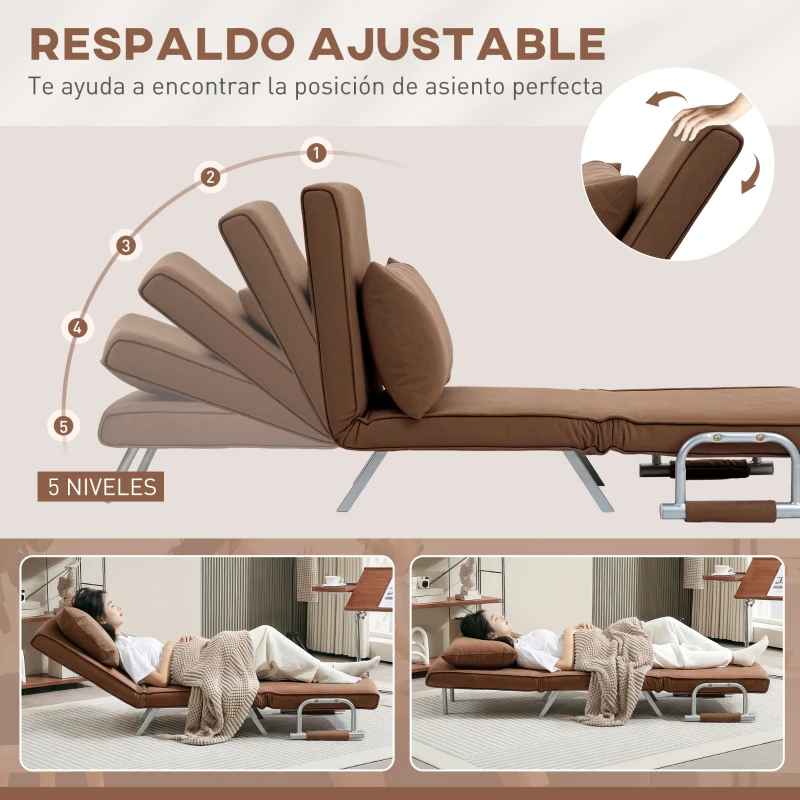 HOMCOM Sillón Cama Individual 2 en 1 Sofá Cama Plegable con Respaldo Ajustable y Cojín para Sala Dormitorio 65x69x80 cm Marrón