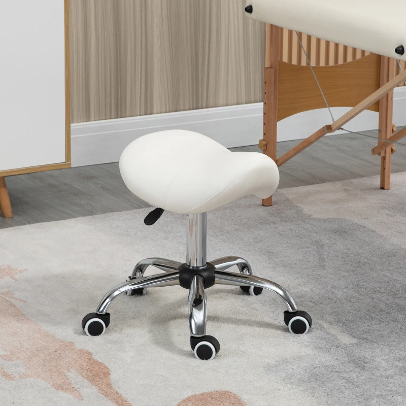 HOMCOM Height Adjustable Saddle Stool with Swivel Wheels, Faux Leather Salon Chair for Hairdressing, Beauty, Tattoo, White