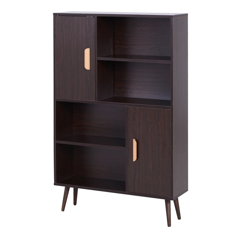 HOMCOM Bibliothèque scandinave 4 niches + 2 placards avec étagère dim. 80L x 24l x 123H cm Pieds effilés inclinés Bois Massif Panneaux Particules wengé