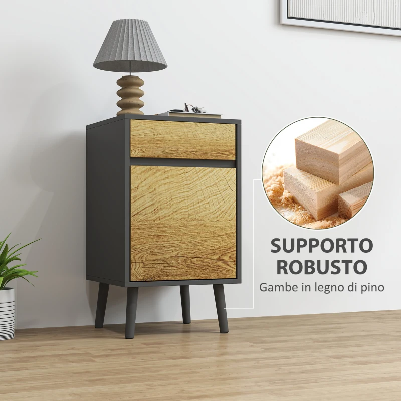 HOMCOM Comodino con Cassetto e Armadietto Moderno Senza Maniglie, 40x39x69 cm, Grigio Scuro e Legno