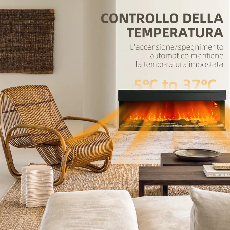HOMCOM Camino Elettrico da Incasso e Parete 1800W con Fiamme Colorate LED Regolabili, Temperatura fino 40°C, Nero