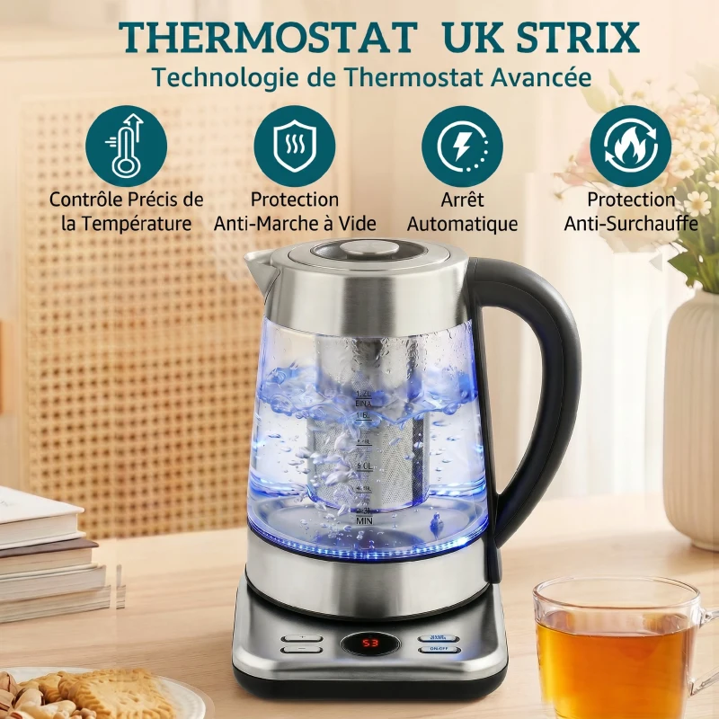 HOMCOM Bouilloire électrique, 1,7L, ébullition rapide 2200W avec thermostat strix, infuseur à thé, fonction maintien au chaud