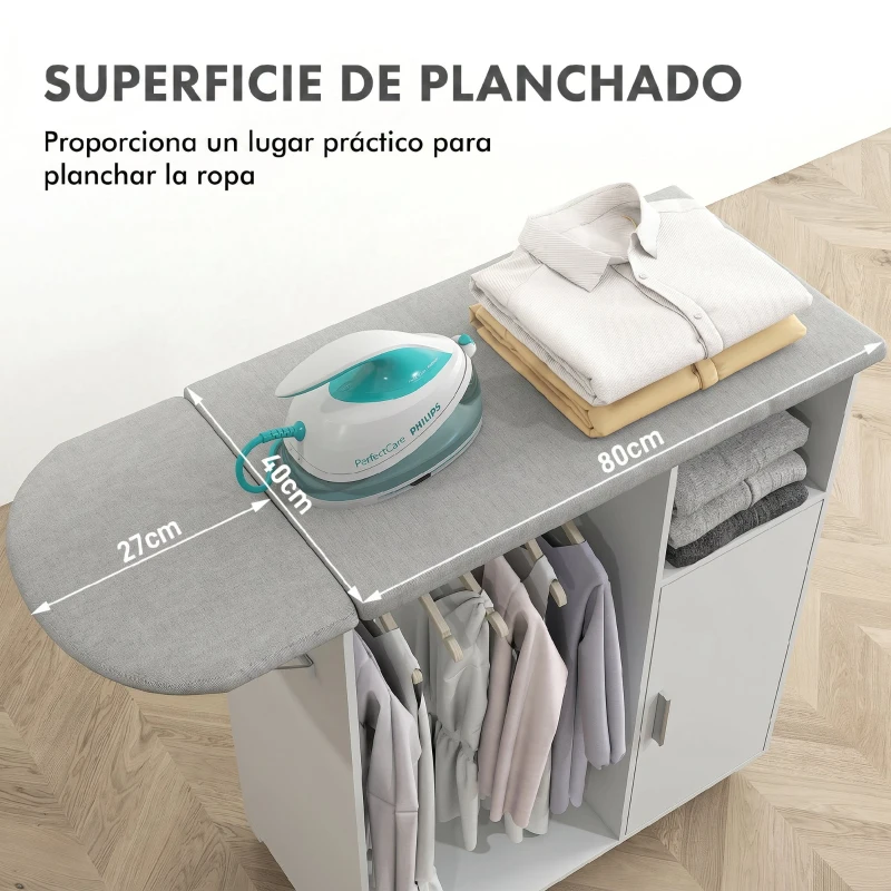 HOMCOM Mueble de Planchar con Ruedas Barra para Colgar Ropa Estante Abierto y Tablero Plegable 127x42,5x99 cm Blanco