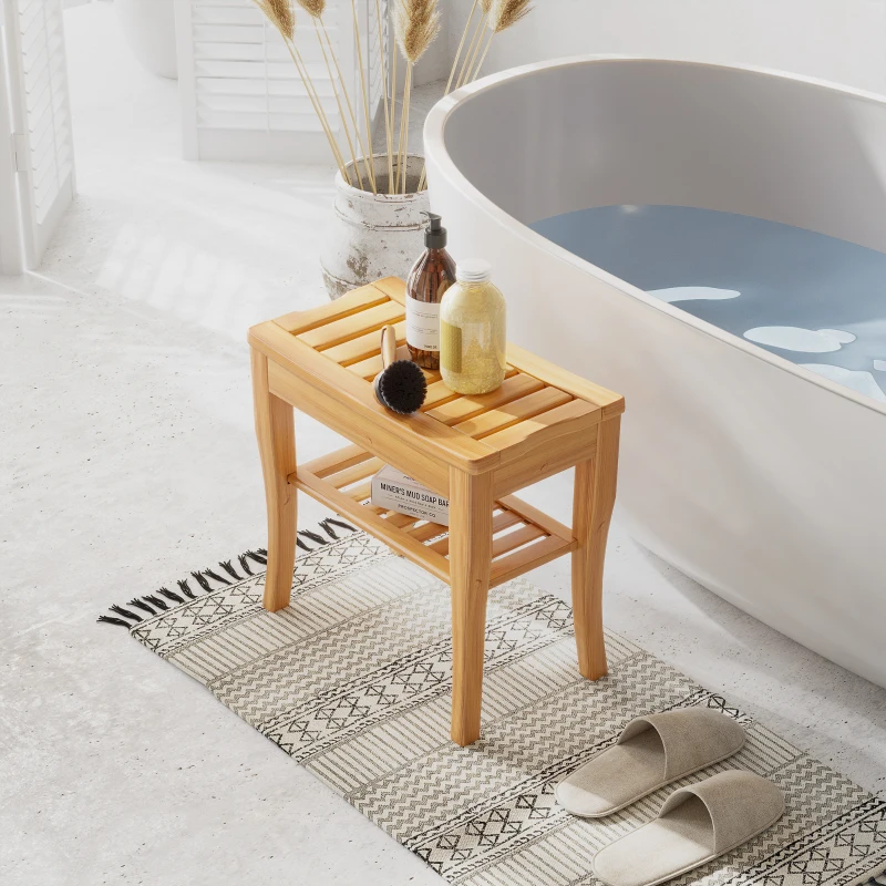 HOMCOM Taburete de Baño de Bambú con Estante Banco de Baño Impermeable y Robusta para Salón SPA 47,5x26x44,5 cm Natural