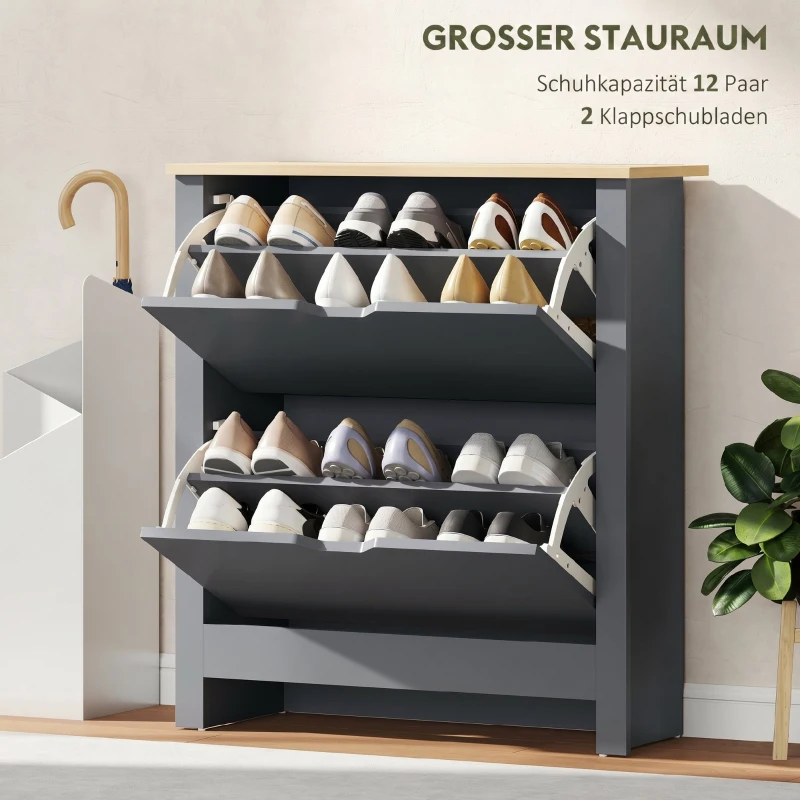HOMCOM Schuhschrank mit 2 Klappfächern, verstellbar Trennwand für 8-12 Paar Schuhe, 72 x 26 x 80 cm, Dunkelgrau