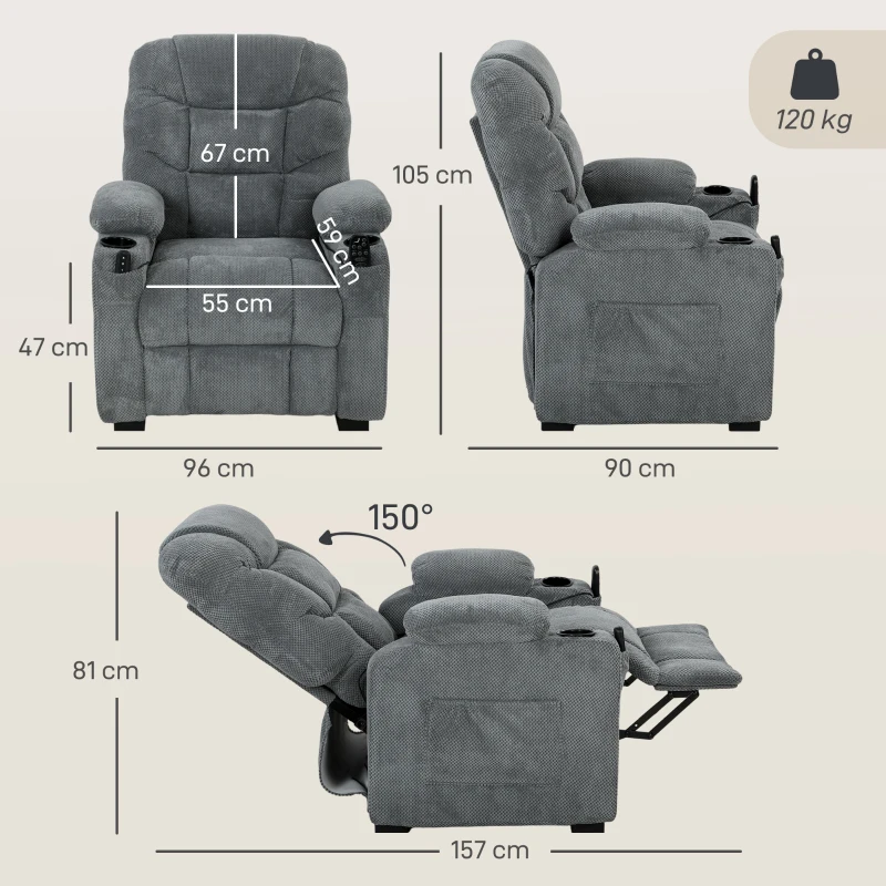HOMCOM Elektrischer Relaxsessel mit Massage & Wärme, leisem Motor und Memory-Funktion, Dunkelgrau