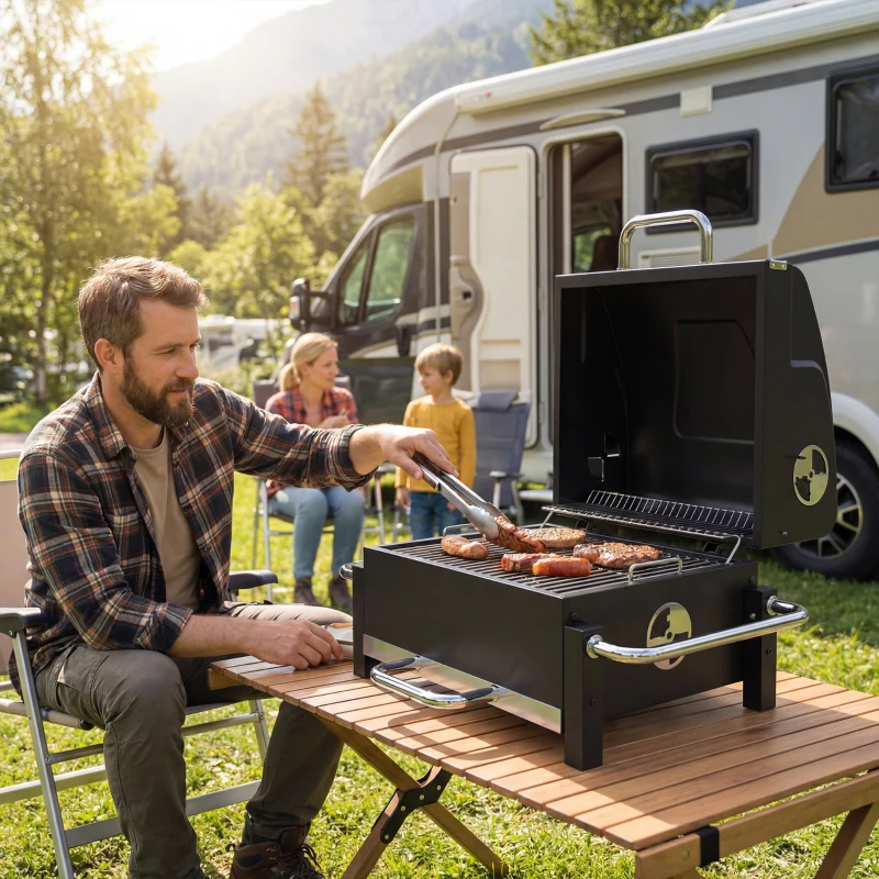 Outsunny Holzkohlegrill aus Stahl tragbarer BBQ Smoker mit Deckel verstellbare Lüftung zweistufige Kohlepfanne Thermometer