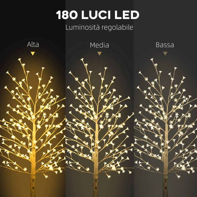 HOMCOM Albero Luminoso di Ciliegio con 180 Luci LED Alto 180 cm e 3 Livelli di Luminosità per Interni ed Esterni, Bianco