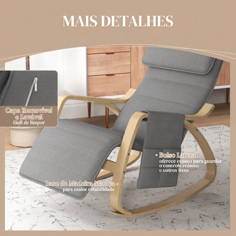 HOMCOM Cadeira de Baloiço com Apoio para os Pés Ajustável em 5 Posições, Bolso Lateral, Apoios de Braços em Madeira e Apoio de Cabeça, Cinzento