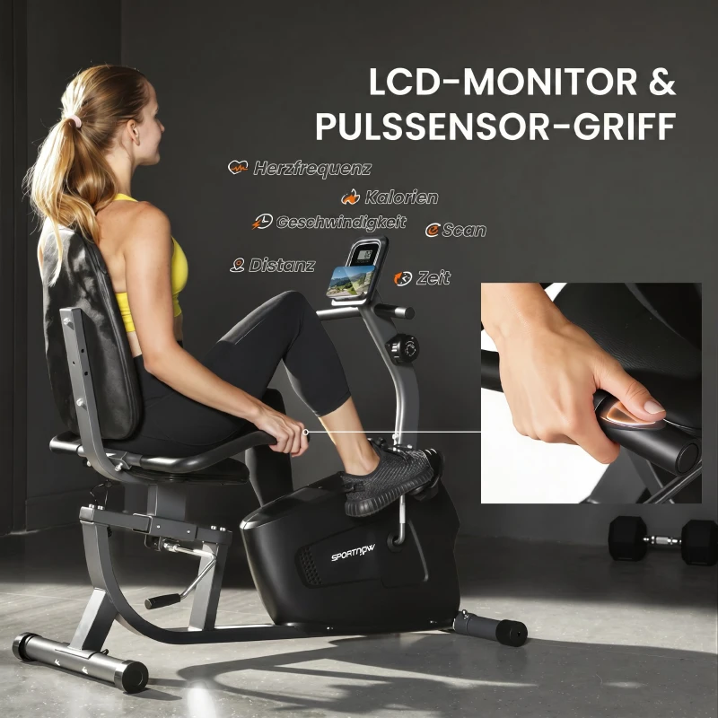 SPORTNOW Heimtrainer, Magnet-Liegerad, 8 Widerstandsstufen, verstellbar, LCD-Monitor, Metall, Kunststoff, Schwarz