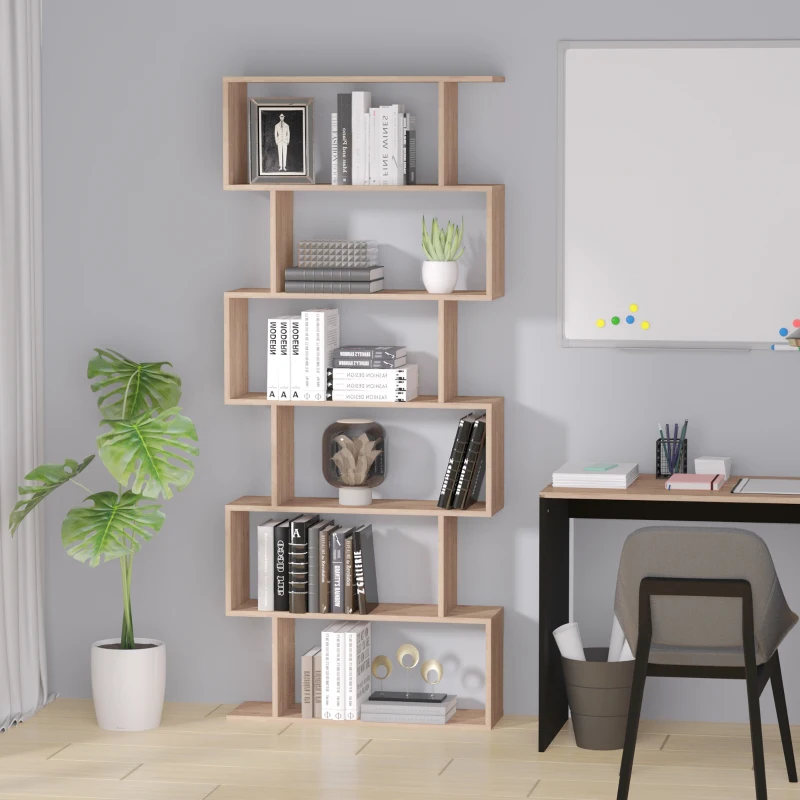 HOMCOM Bookcase, 6 Tier Shelf S Shaped Bookshelf, Storage Unit, Display Shelf for Living Room, Bedroom, Home Office, Plant, Maple