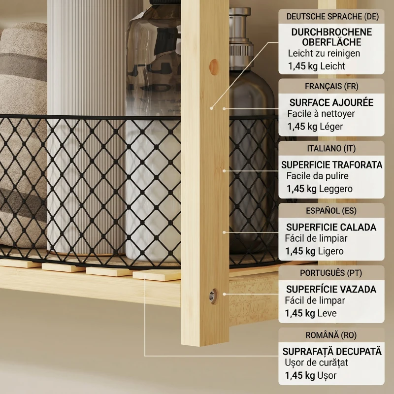 HOMCOM Raft de Baie cu 3 Polițe Reglabile în 5 Poziții, din Bambus, 60x15x50 cm, Culoare Lemn