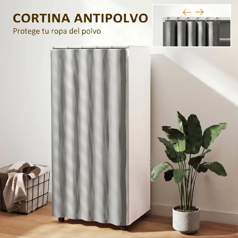 HOMCOM Armario Ropero con Ruedas Cortina Barra para Colgar 2 Compartimentos para Dormitorio 60x40x128 cm Blanco