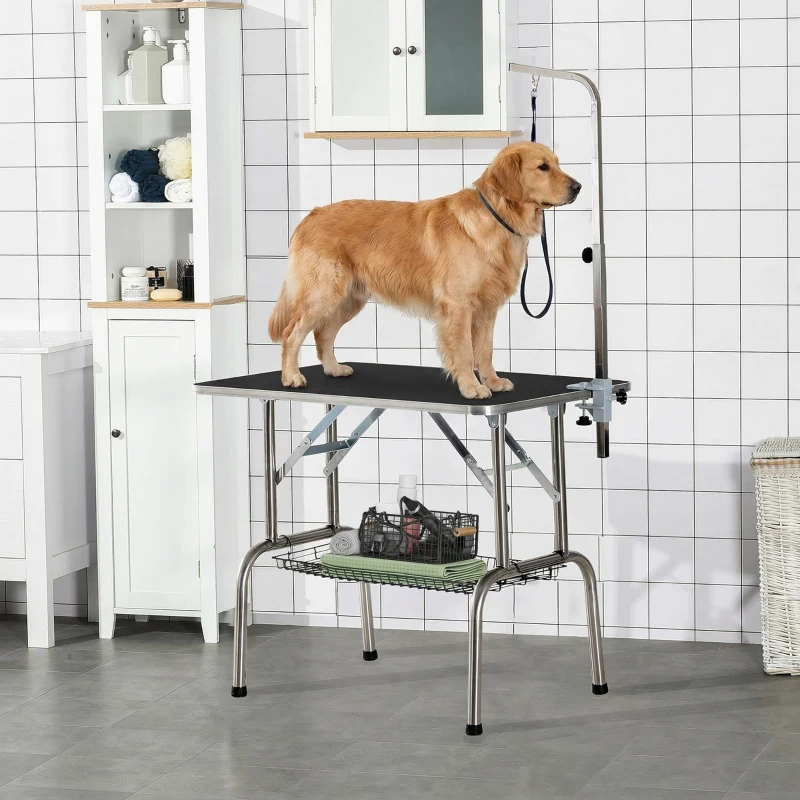 PawHut Trimmtisch für Hunde Hundepflegetisch klappbar, Haustierpflegetisch mit höhenverstellbarem Galgen, Schlingen, Netzkorb, Schertisch bis 150 kg, 90 x 60 x 75 cm, Schwarz