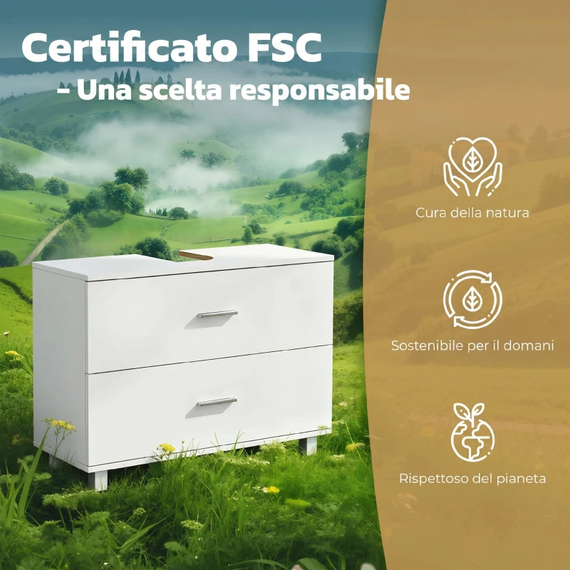 HOMCOM Mobile Sottolavabo Moderno con 2 Cassetti e Divisori per Lavabo Senza Piedistallo, 80x30x60 cm, Bianco