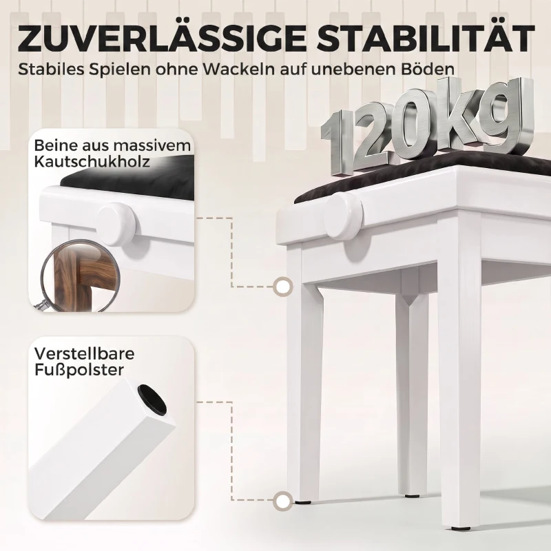 HOMCOM Klavierbank Höhenverstellbar Klavierhocker mit Gepolstertem Kissen, Samtoptik, Beinen aus Kautschukholz Weiß