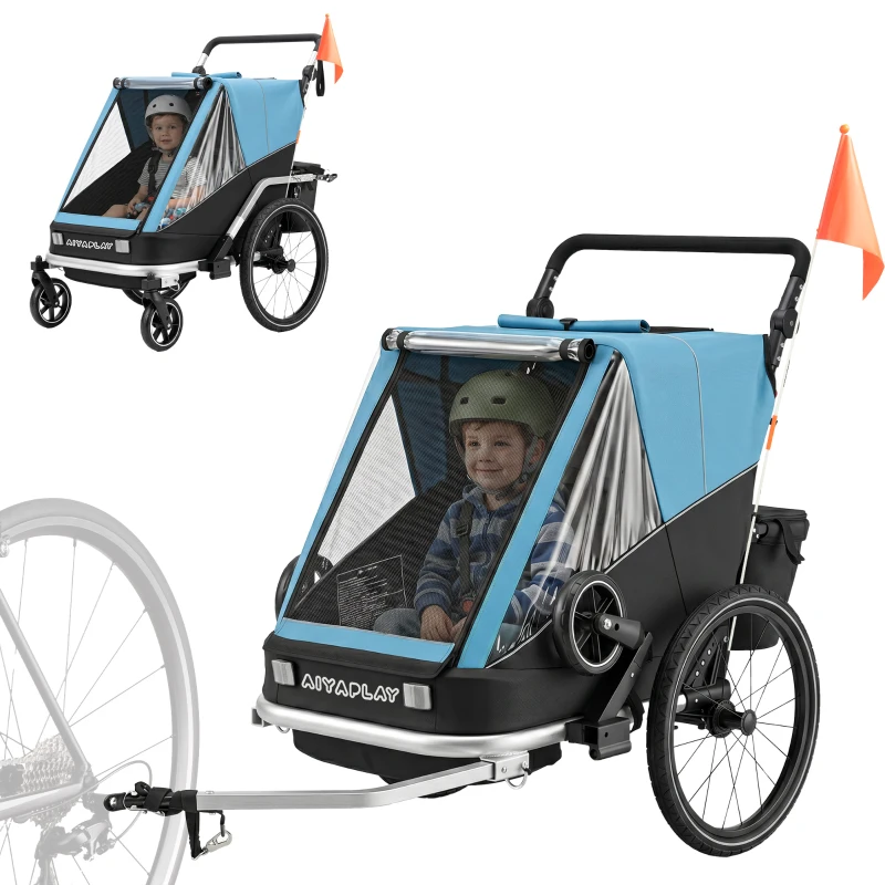 AIYAPLAY Fahrradanhänger für Kinder, 2-Sitzer, 2-in-1 faltbarer Kinderfahrradanhänger mit verstellbarem Sitz und Gurten, Blau