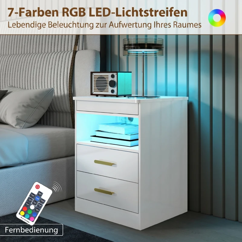 HOMCOM Nachttisch, Beistelltisch mit Ladestation und RGB-LED-Beleuchtung, Hochglanz Weiß