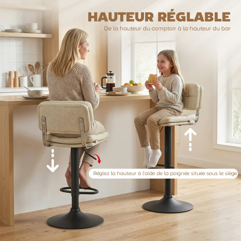 HOMCOM Lot de 2 tabourets de bar Vintage capitonné - pivotant, réglable - repose-pied - revêtement synthétique crème