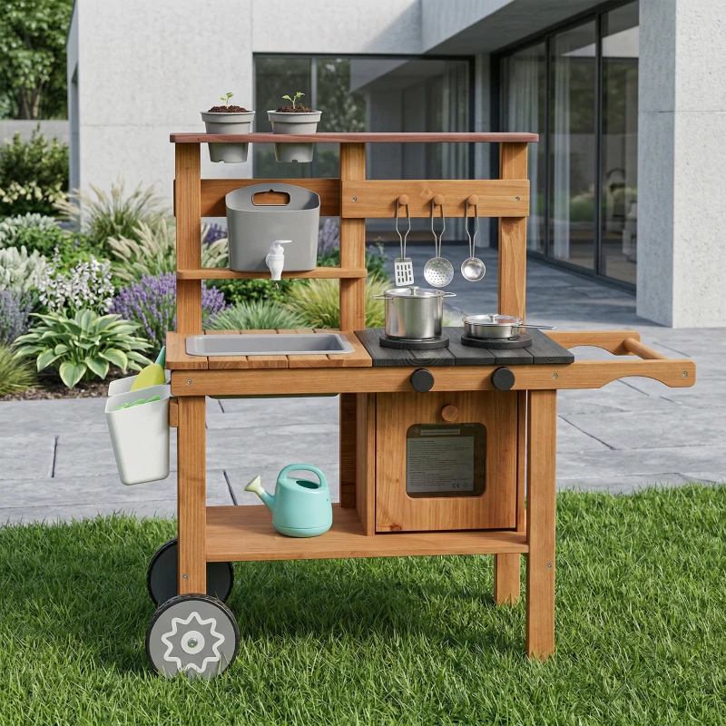 AIYAPLAY Matschküche Kinder Outdoor Spielküche aus Holz mit Wasserhahn Spüle Pflanzkasten Rädern Stauraum für 3-6 Jahre Braun