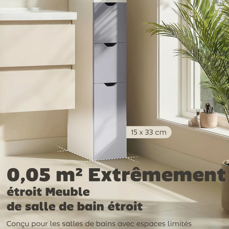 HOMCOM Etagère gain de place WC ou salle de bain 15L x 33l x 136H cm 3 niveaux 2 tiroirs et placard MDF métal blanc gris