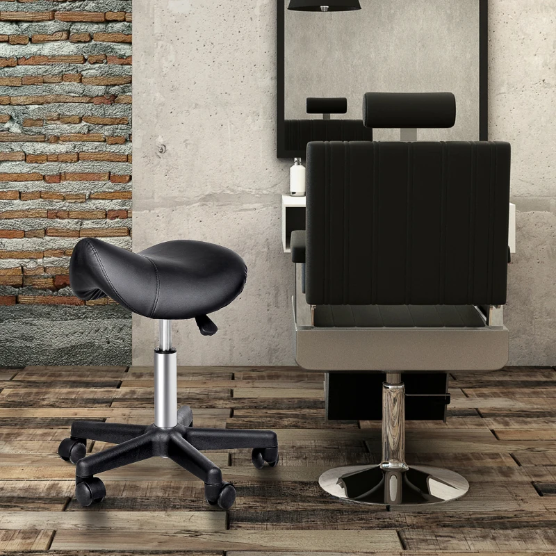 HOMCOM Tabouret à roulettes, tabouret de massage avec hauteur réglable 43-55 cm et selle ergonomique, chaise de travail à roulettes pivotant 360°, pour salon de massage, tatouage, clinique, spa, noir