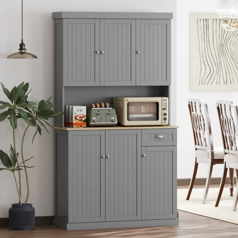 HOMCOM Mobile Dispensa Stile Country con Mensole Regolabili, Armadietti e Cassetto, in Legno, 101x39x180 cm, Grigio