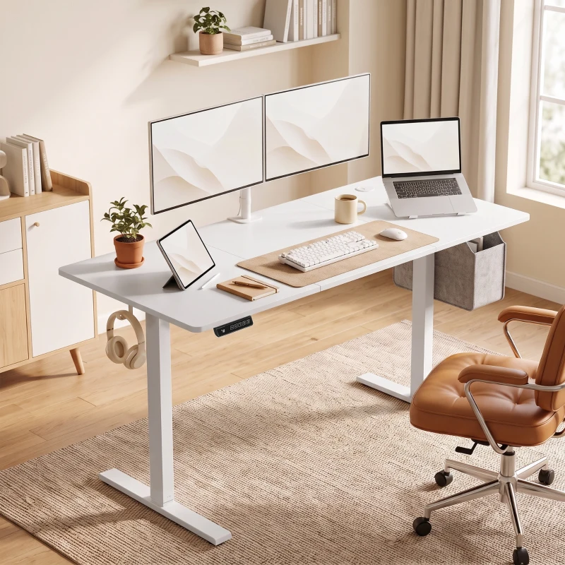 HOMCOM Höhenverstellbarer Schreibtisch mit Memory-Funktion, 2 Kabeldurchlässen und LED-Display, Sitz-Steh-Schreibtisch, Weiß